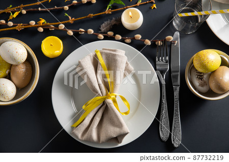 close up of easter table serving over black close up of easter table serving over black 87732219