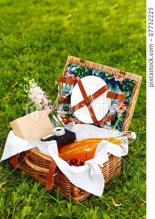 juice, cherry, book and camera in picnic basket 87732225