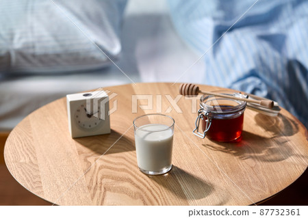 glass of milk, honey and alarm clock on table 87732361