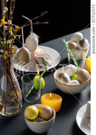 close up of easter table serving over black close up of easter table serving over black 87732573