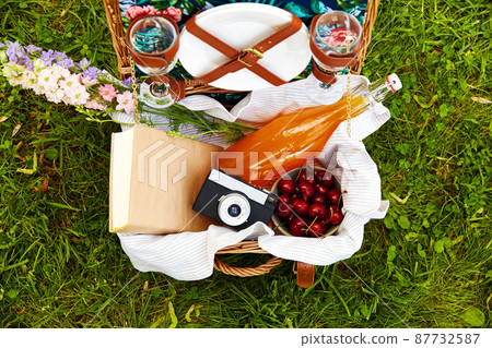 juice, cherry, book and camera in picnic basket 87732587