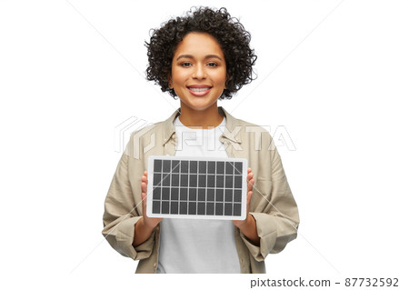 happy smiling woman with solar battery model 87732592