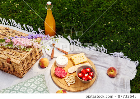 food, drinks and basket on picnic blanket on grass food, drinks and basket on picnic blanket on grass 87732643
