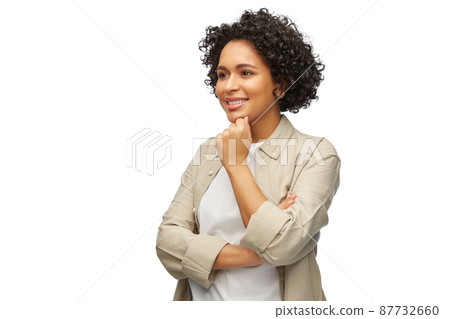 portrait of smiling thinking woman in shirt 87732660