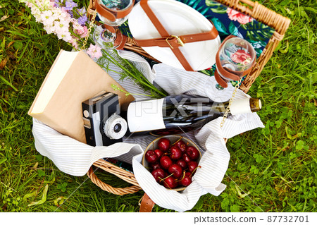 juice, cherry, book and camera in picnic basket 87732701