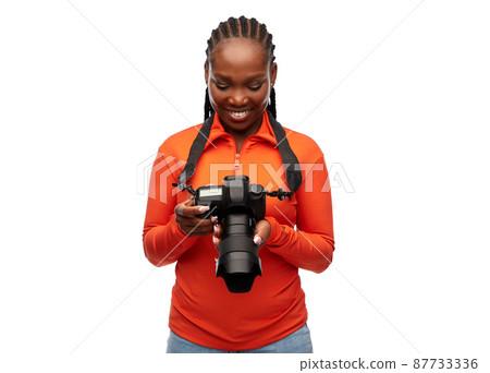 happy woman with digital camera happy woman with digital camera 87733336