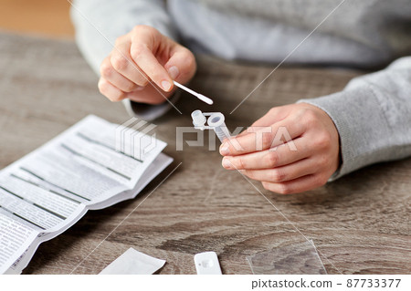woman making self testing coronavirus test at home woman making self testing coronavirus test at home 87733377
