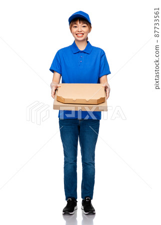 delivery woman with takeaway pizza boxes 87733561