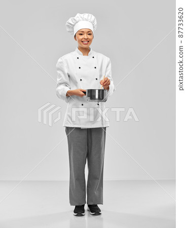 happy smiling female chef with saucepan happy smiling female chef with saucepan 87733620