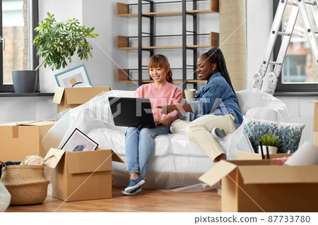 happy women with laptop moving to new home happy women with laptop moving to new home 87733780