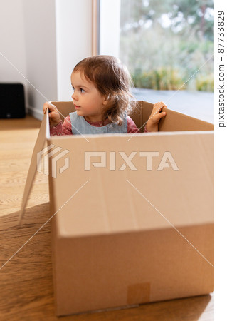 little baby girl sitting in cardboard box at home little baby girl sitting in cardboard box at home 87733829
