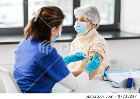 nurse with syringe making injection to woman nurse with syringe making injection to woman 87733837
