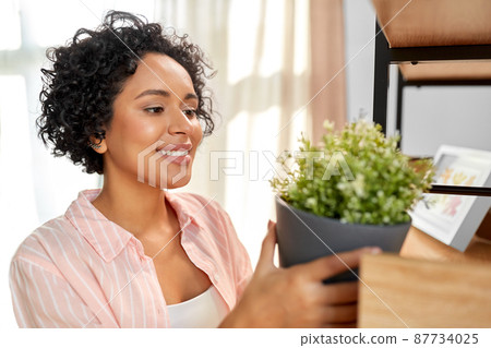 woman decorating home with flower or houseplant woman decorating home with flower or houseplant 87734025