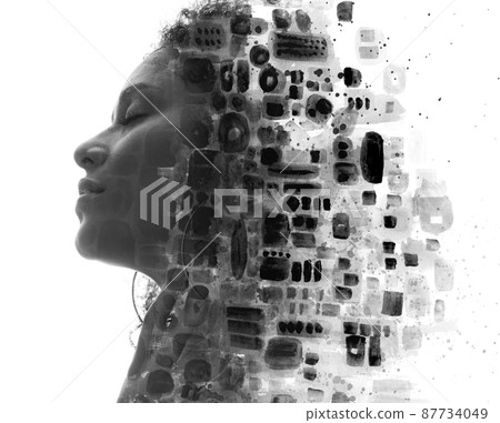 Paintography. Abstract hand drawn pattern combined with a portrait of a woman Paintography. Abstract hand drawn pattern combined with a portrait of a woman 87734049