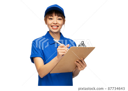 happy delivery woman with clipboard and pen happy delivery woman with clipboard and pen 87734643