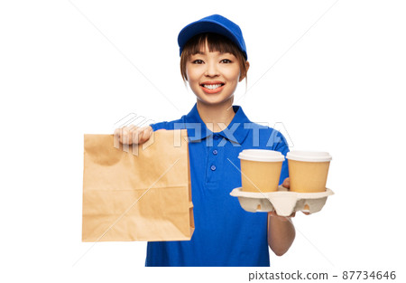 delivery woman with takeaway food and drinks 87734646