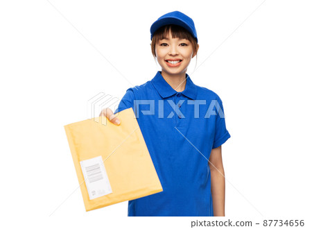 happy delivery woman holding parcel envelope happy delivery woman holding parcel envelope 87734656