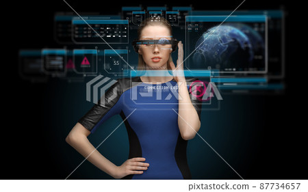 woman in virtual reality 3d glasses with screens woman in virtual reality 3d glasses with screens 87734657