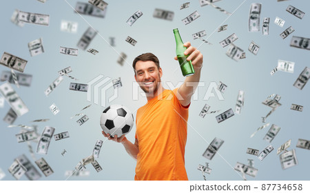 happy man with soccer ball, beer and money happy man with soccer ball, beer and money 87734658