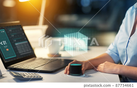 close up of hand with smart speaker at office close up of hand with smart speaker at office 87734661