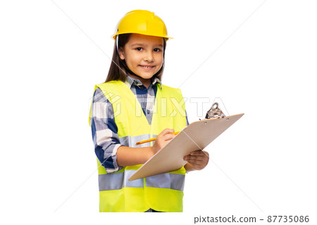 little girl in construction helmet with clipboard little girl in construction helmet with clipboard 87735086