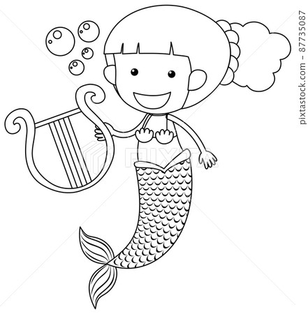 Mermaid play the harp black and white doodle character Mermaid play the harp black and white doodle character 87735087