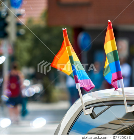 Small rainbow flags are attached to the side window of a car, selective focus Small rainbow flags are attached to the side window of a car, selective focus 87735088
