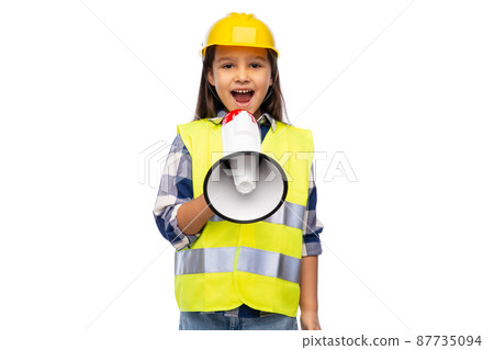 little girl in helmet talking to megaphone little girl in helmet talking to megaphone 87735094