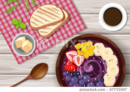 Top view Acai food bowl and placemat on wood table Top view Acai food bowl and placemat on wood table 87735097