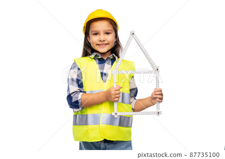 little girl in helmet with ruler in shape of house little girl in helmet with ruler in shape of house 87735100