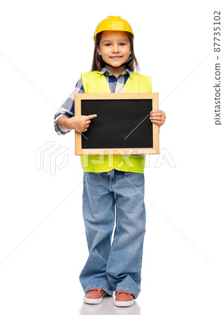 little girl in construction helmet with chalkboard little girl in construction helmet with chalkboard 87735102