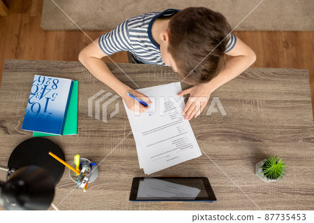 student boy doing school test at home 87735453