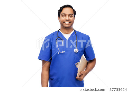indian male doctor with clipboard and stethoscope 87735624