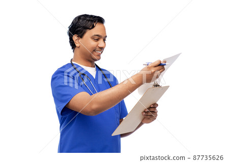 male doctor writing medical report on clipboard male doctor writing medical report on clipboard 87735626