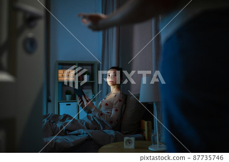 teenage girl with tablet pc in bed at night teenage girl with tablet pc in bed at night 87735746