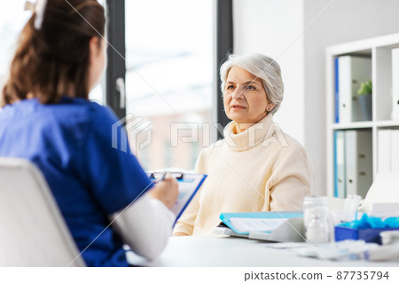 doctor with clipboard and senior woman at hospital 87735794