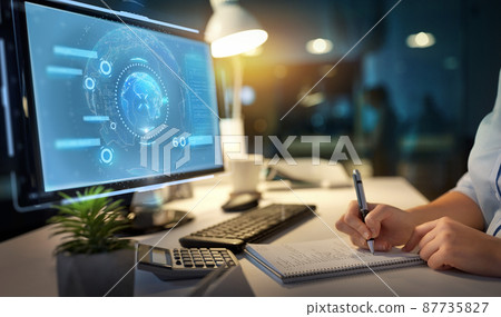 businesswoman writing to notebook at night office businesswoman writing to notebook at night office 87735827