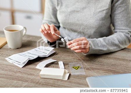 woman making self testing coronavirus test at home woman making self testing coronavirus test at home 87735941