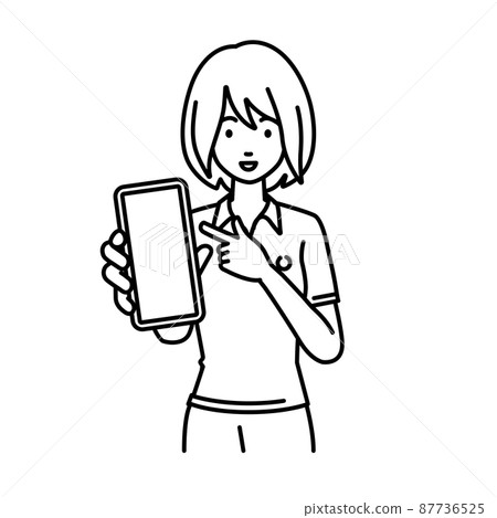A woman in a polo shirt standing and pointing at her smartphone A woman in a polo shirt standing and pointing at her smartphone 87736525