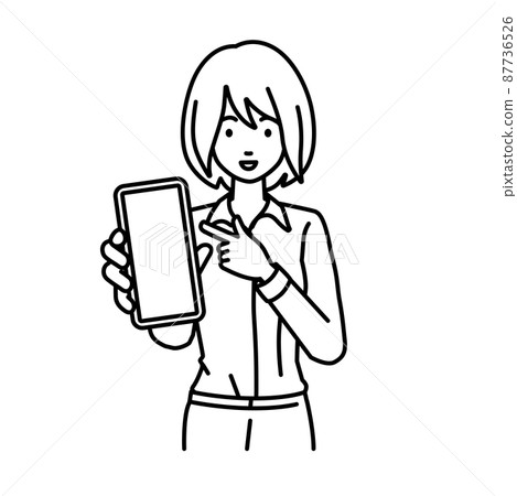 一個穿襯衫的女人站著指著她的智能手機 一個穿襯衫的女人站著指著她的智能手機 87736526