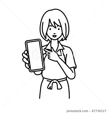 A female clerk in an apron standing and pointing at her smartphone 87736527
