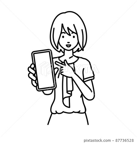 An office casual woman standing and pointing at her smartphone An office casual woman standing and pointing at her smartphone 87736528