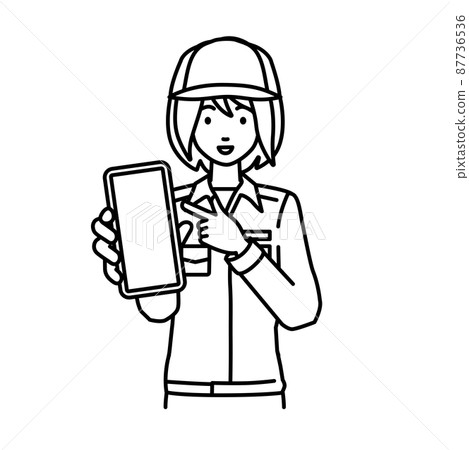 A female worker standing and pointing at her smartphone A female worker standing and pointing at her smartphone 87736536