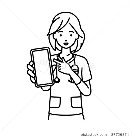 A nurse woman standing and pointing at her smartphone A nurse woman standing and pointing at her smartphone 87736874