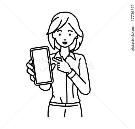A woman in a blouse standing and pointing at her smartphone 87736875
