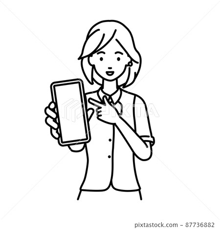 A woman in a clerk uniform standing and pointing at her smartphone A woman in a clerk uniform standing and pointing at her smartphone 87736882