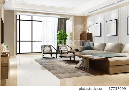 3d rendering luxury and modern living room with good design leather sofa 87737099