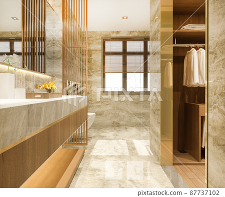 3d rendering modern design and marble tile toilet and bathroom and wardrobe with walk in closet 87737102