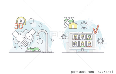 Monitor screen with video conference of school children. Hand hygiene during quarantine vector illustration 87737251