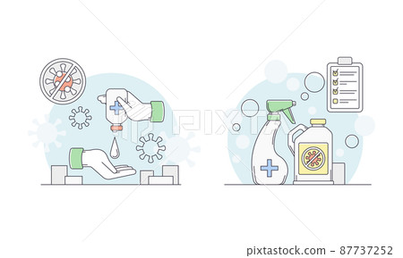 Disinfection related symbols set. Hand hygiene and sanitizer bottles vector illustration Disinfection related symbols set. Hand hygiene and sanitizer bottles vector illustration 87737252